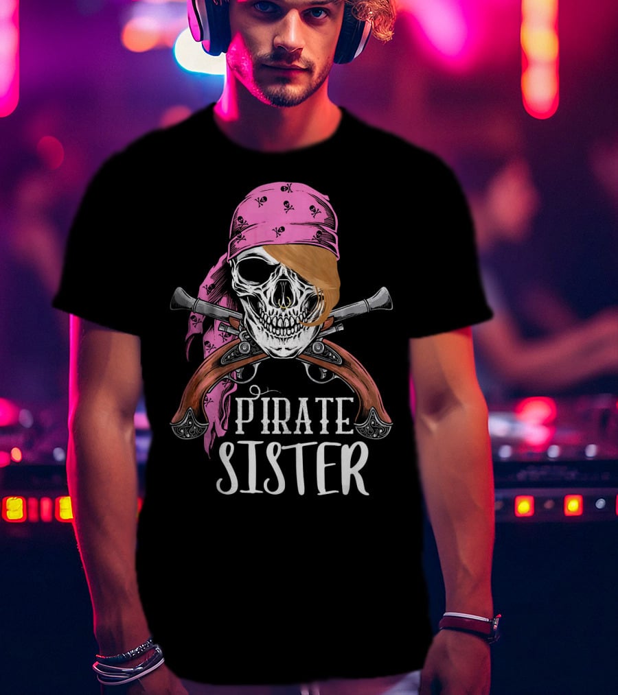 Pirate Sister Skull With Pink Bandana And Crossed Pistols T-Shirt
