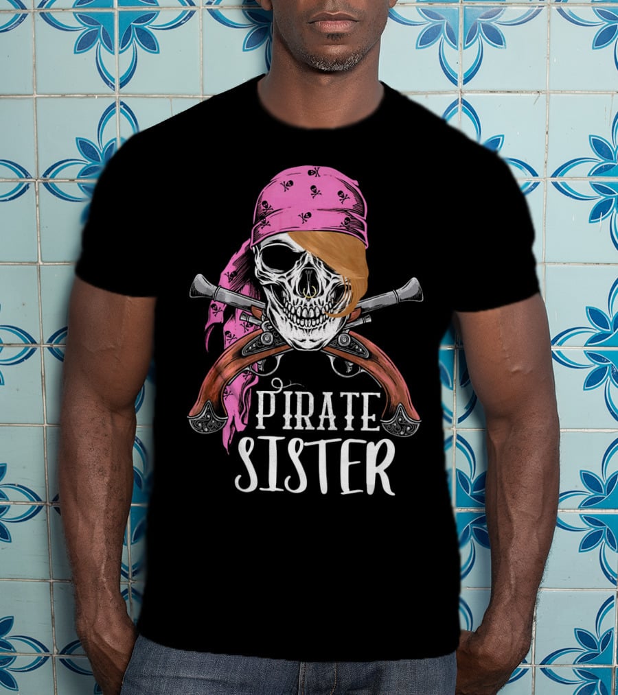 Pirate Sister Skull With Pink Bandana And Crossed Pistols T-Shirt