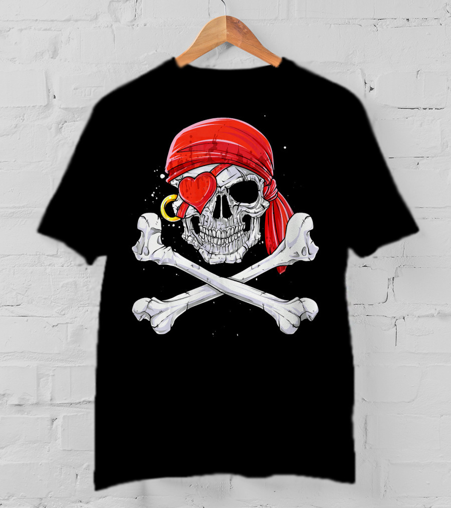 Valentines Day Pirate Skull With Red Bandana And Heart Eye Patch For Him T-Shirt