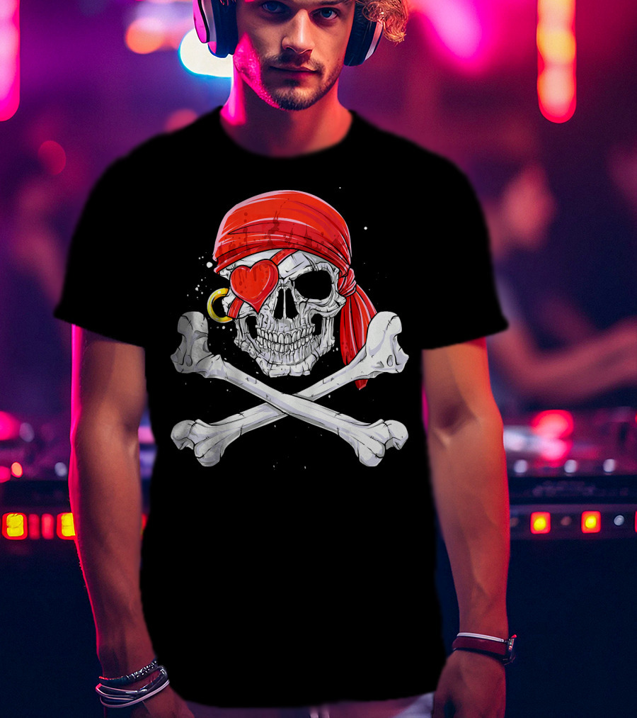 Valentines Day Pirate Skull With Red Bandana And Heart Eye Patch For Him T-Shirt