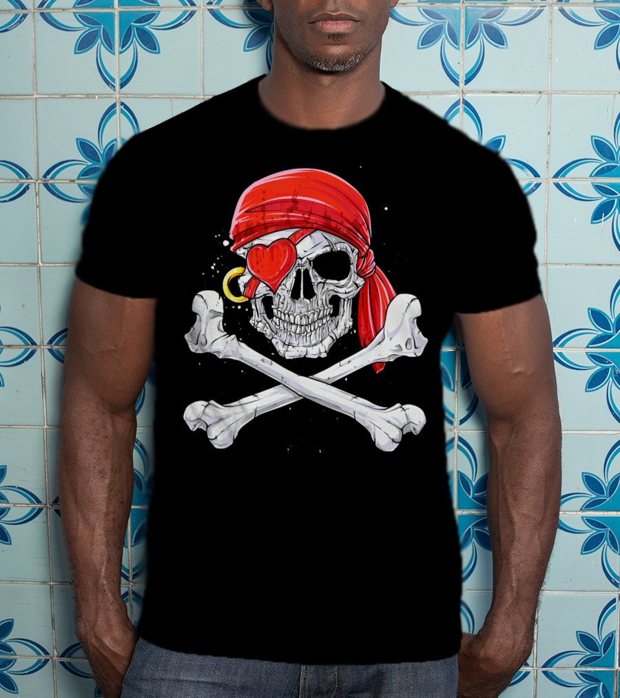 Valentines Day Pirate Skull With Red Bandana And Heart Eye Patch For Him T-Shirt