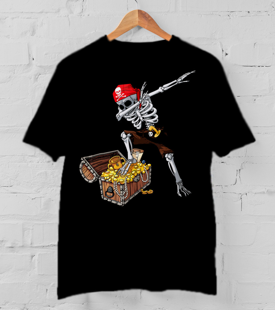 Dabbing Pirate Skeleton With Treasure Chest And Red Skull Bandana T-Shirt