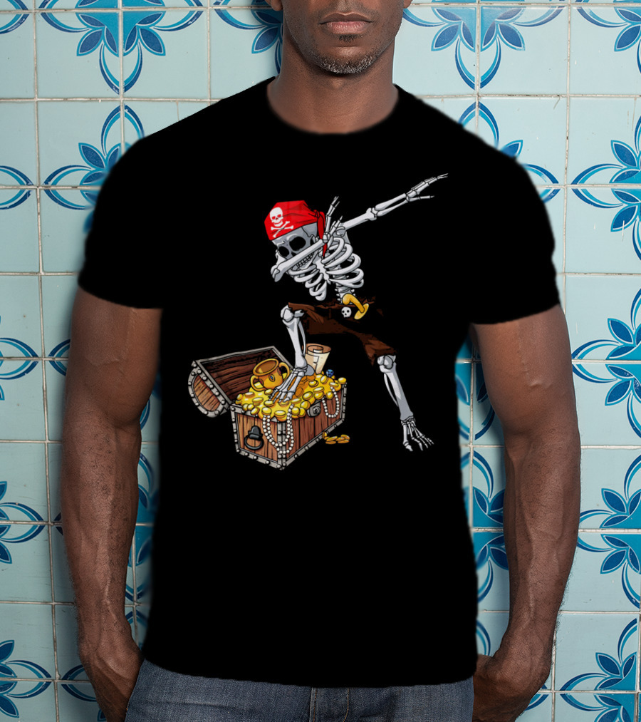 Dabbing Pirate Skeleton With Treasure Chest And Red Skull Bandana T-Shirt