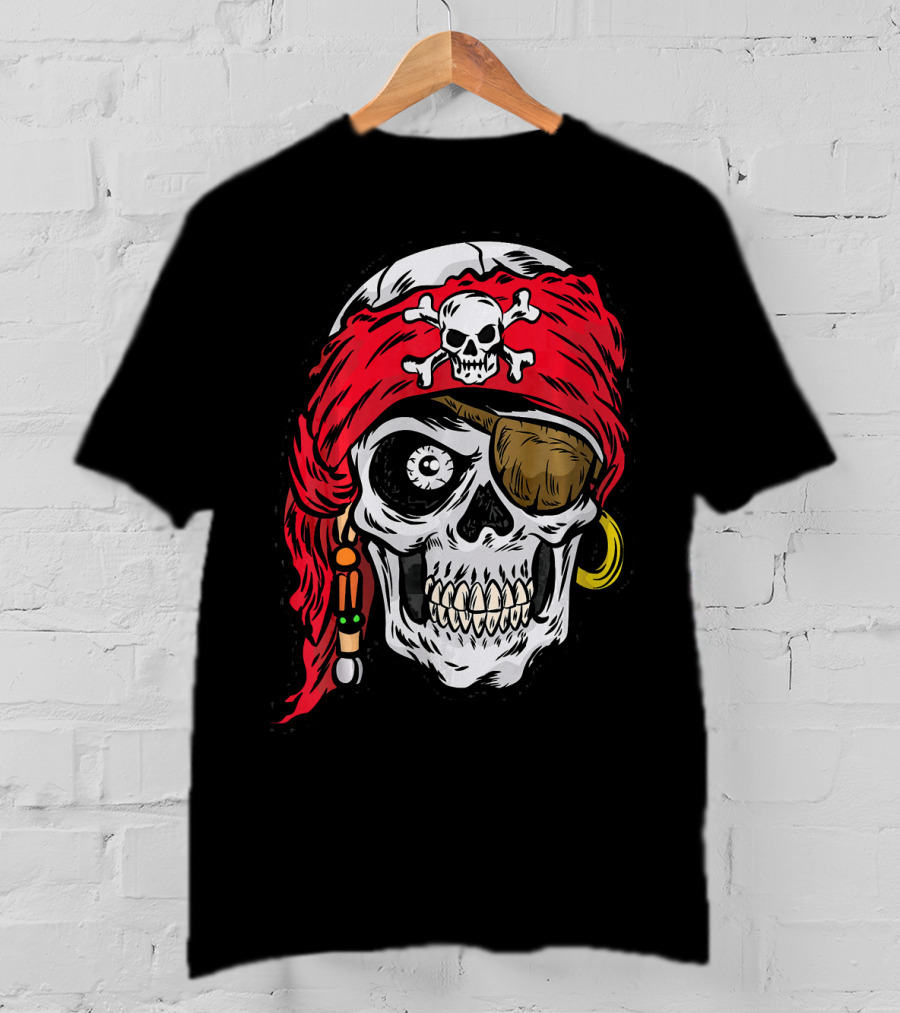 Pirate Skull With Red Bandana And Crossbones Eye Patch Jolly Roger T-Shirt
