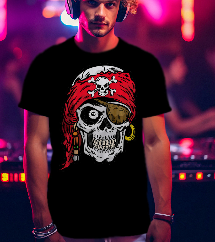 Pirate Skull With Red Bandana And Crossbones Eye Patch Jolly Roger T-Shirt