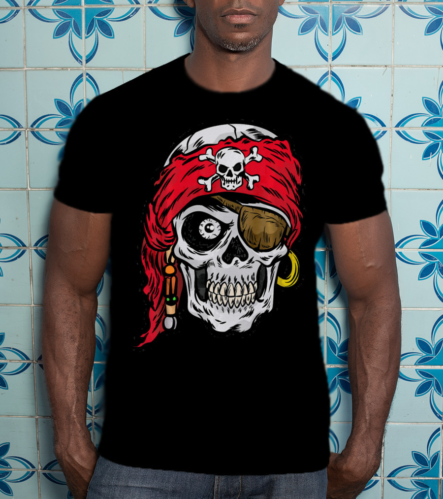 Pirate Skull With Red Bandana And Crossbones Eye Patch Jolly Roger T-Shirt