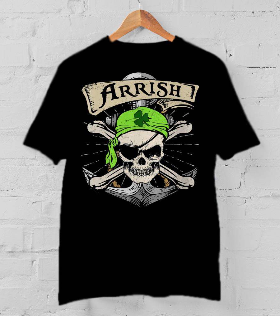 Arrish Irish Pirate Skull With Shamrock Bandana St Patricks T-Shirt