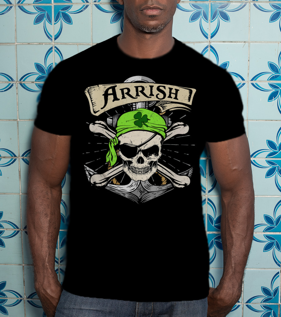 Arrish Irish Pirate Skull With Shamrock Bandana St Patricks T-Shirt