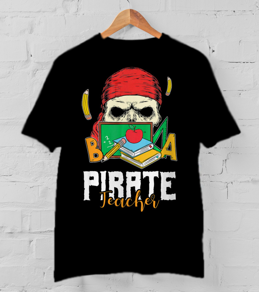 Pirate Teacher Skull Chalkboard Apple Pencils Books Bandana T-Shirt