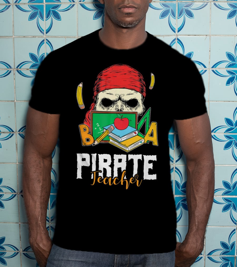 Pirate Teacher Skull Chalkboard Apple Pencils Books Bandana T-Shirt