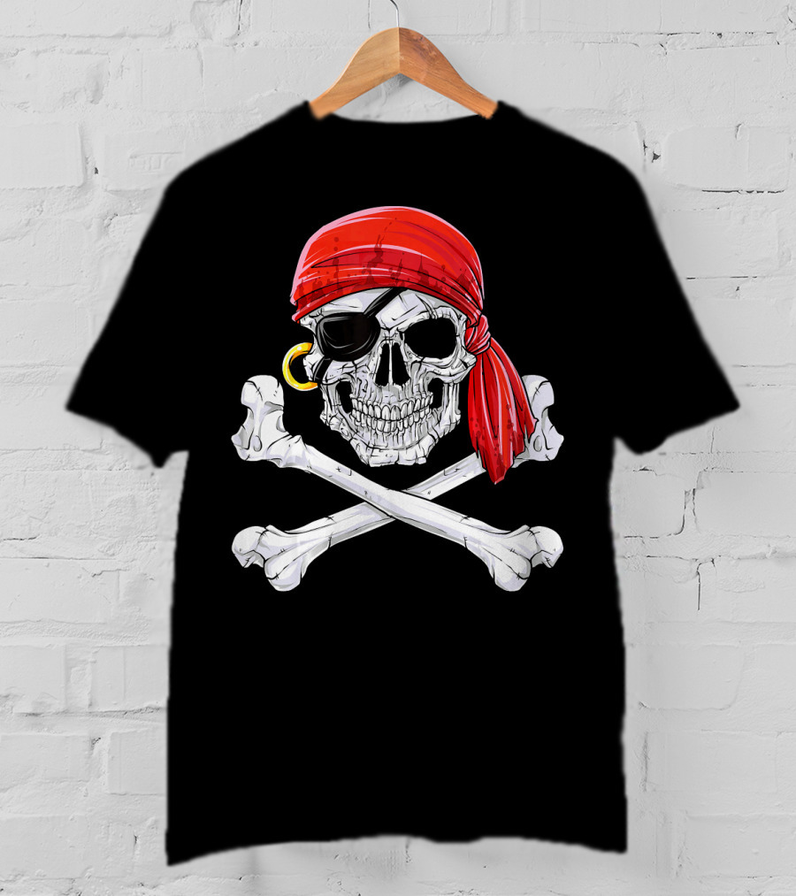 Jolly Roger Flag Skull And Crossbones With Red Bandana And Eyepatch T-Shirt