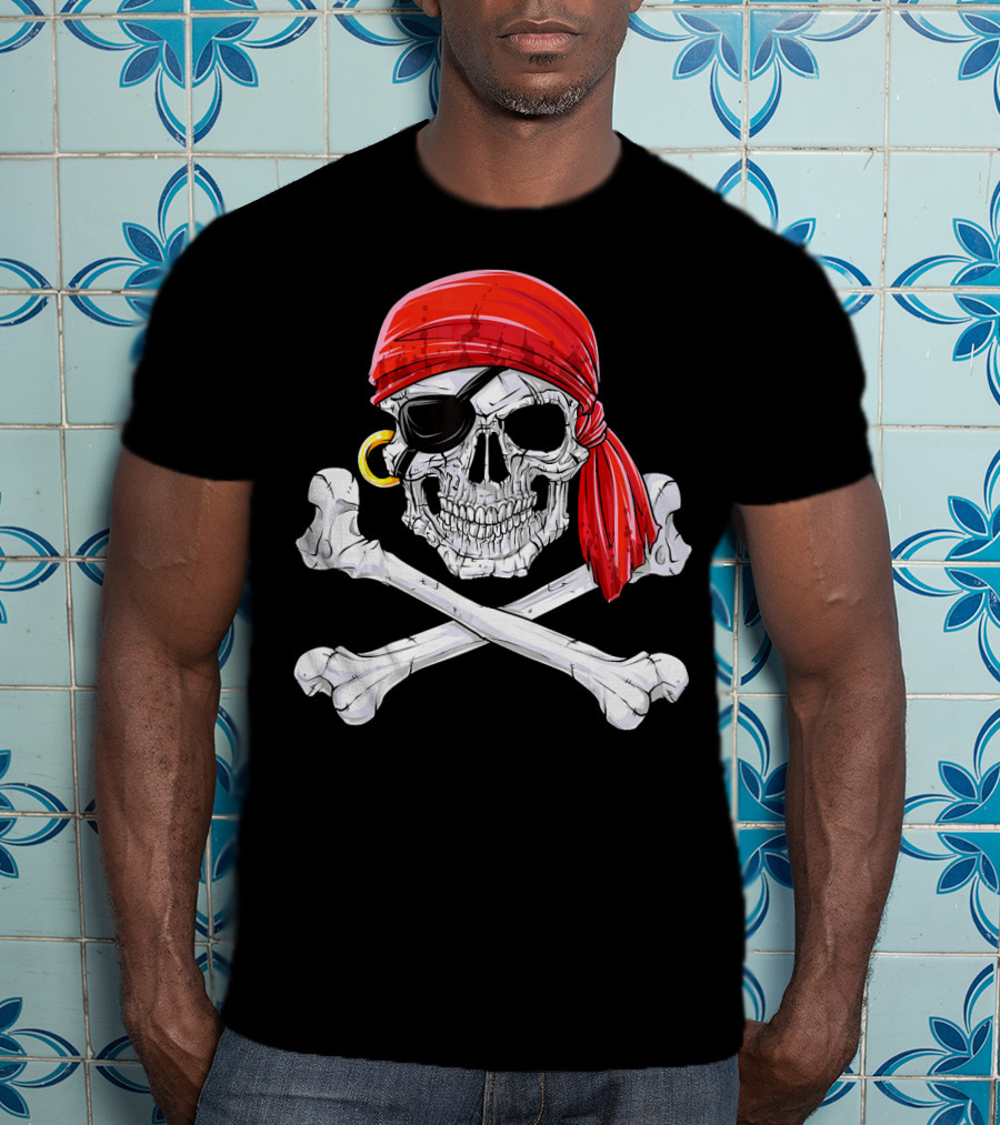 Jolly Roger Flag Skull And Crossbones With Red Bandana And Eyepatch T-Shirt
