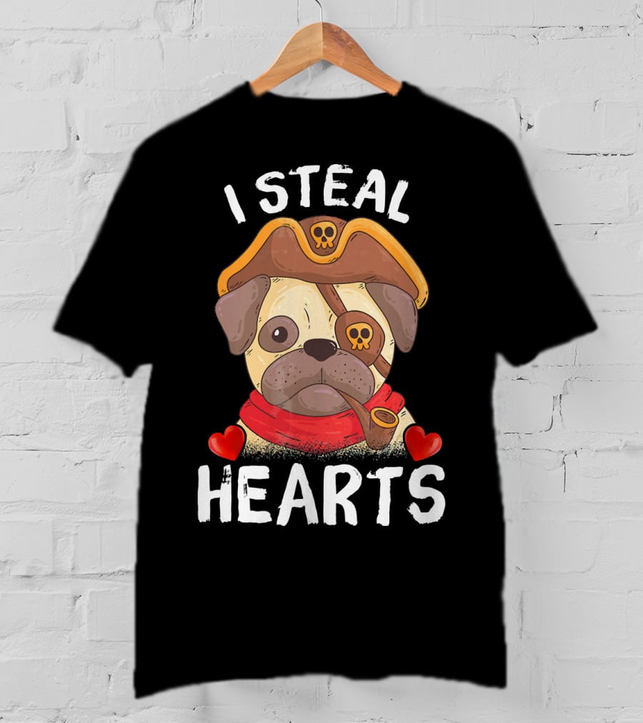 I Steal Hearts Valentines Day Pirate Pug With Pipe And Eyepatch T-Shirt