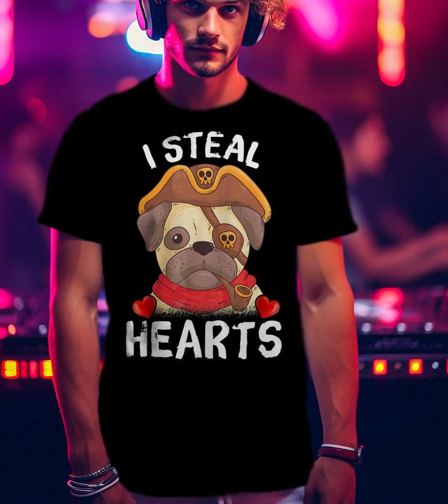 I Steal Hearts Valentines Day Pirate Pug With Pipe And Eyepatch T-Shirt