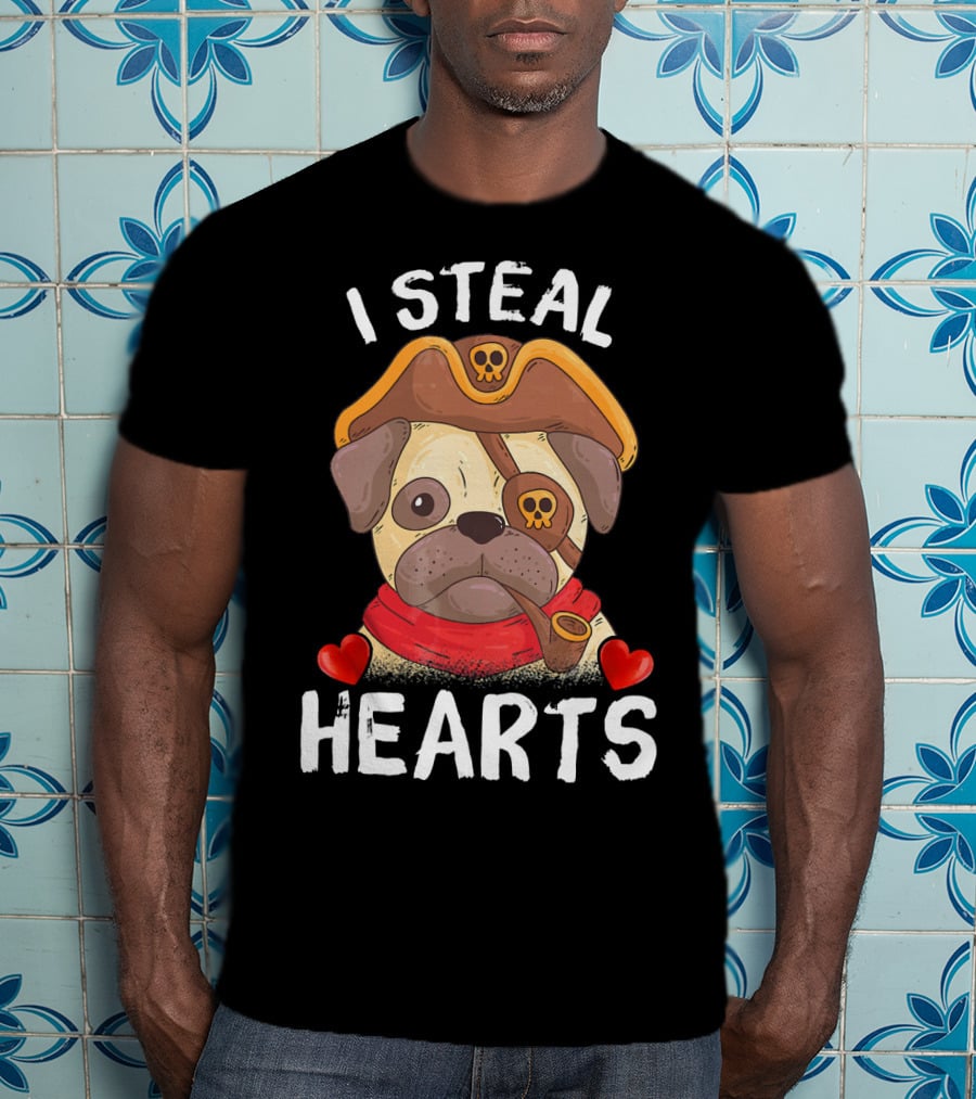 I Steal Hearts Valentines Day Pirate Pug With Pipe And Eyepatch T-Shirt