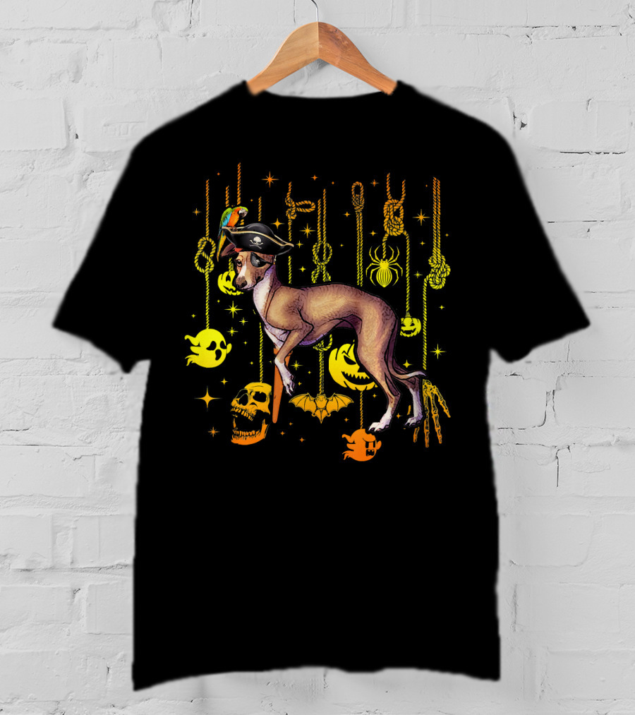 Italian Greyhound Pirate Dog With Halloween Ghosts And Skulls T-Shirt