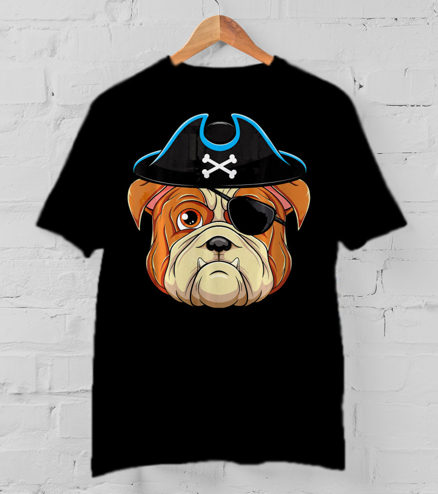 English Bulldog Pirate Hat Eye Patch Skull Crossbones T-Shirt