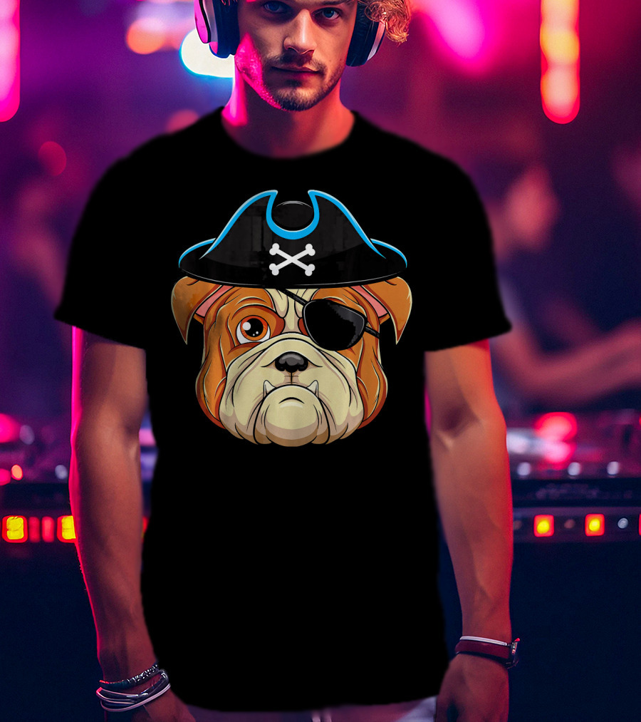 English Bulldog Pirate Hat Eye Patch Skull Crossbones T-Shirt