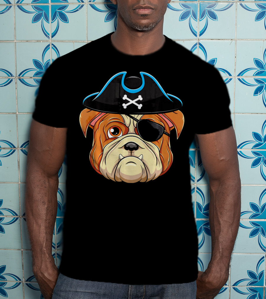English Bulldog Pirate Hat Eye Patch Skull Crossbones T-Shirt