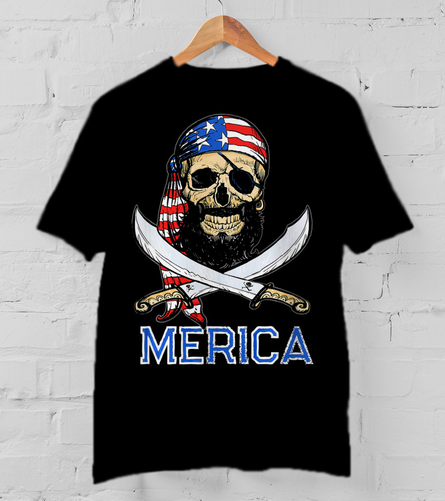 MERICA Bearded Pirate Skull With American Flag Bandana And Crossed Swords T-Shirt