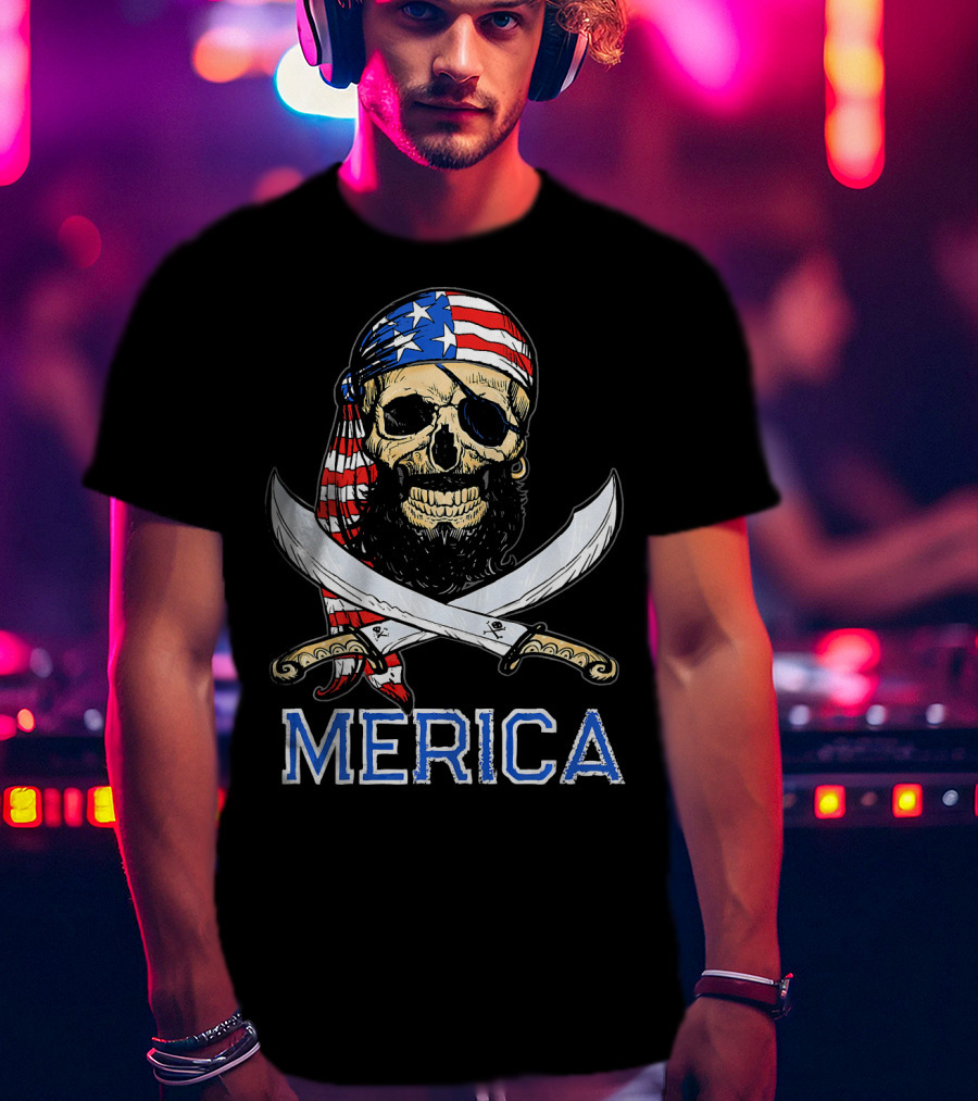 MERICA Bearded Pirate Skull With American Flag Bandana And Crossed Swords T-Shirt