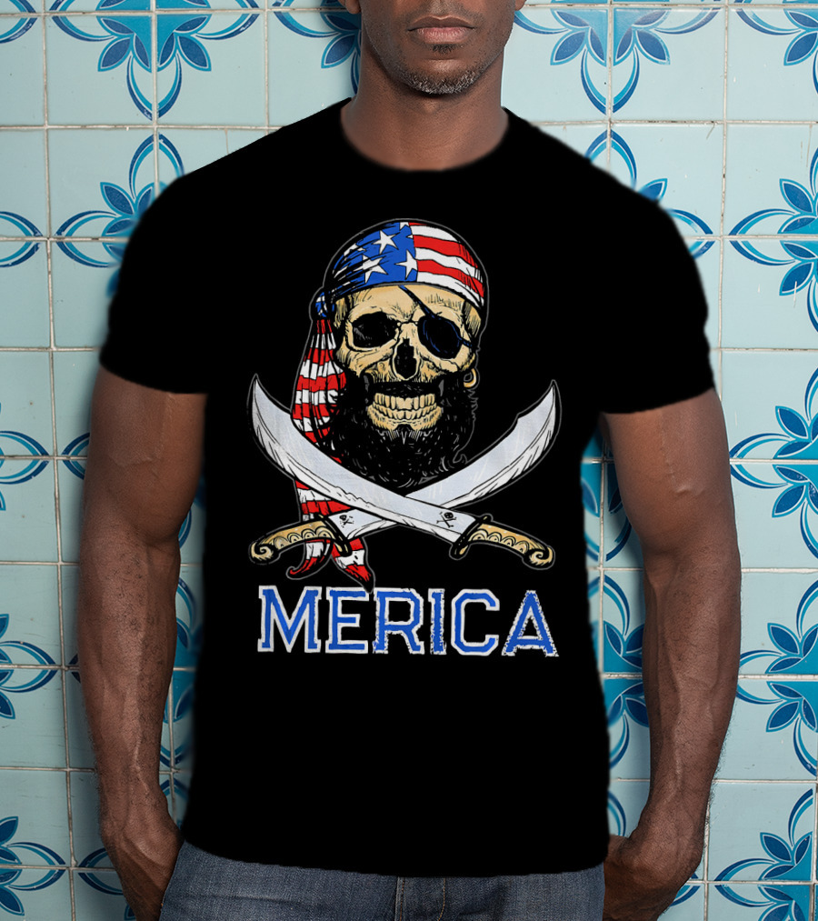 MERICA Bearded Pirate Skull With American Flag Bandana And Crossed Swords T-Shirt