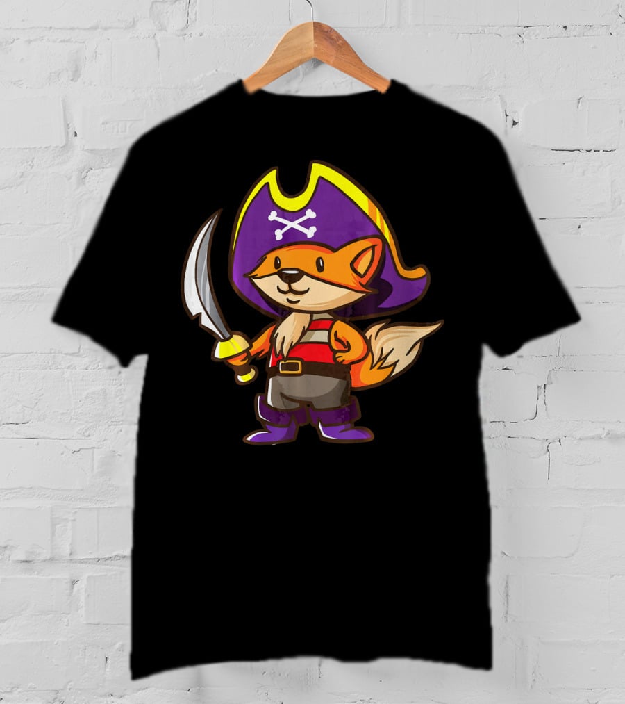 Pirate Fox Halloween Party Costume With Sword And Pirate Hat Featuring Crossbones T-Shirt