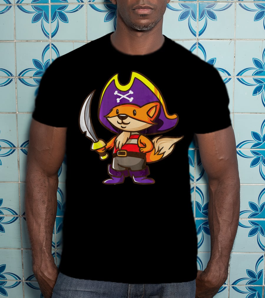 Pirate Fox Halloween Party Costume With Sword And Pirate Hat Featuring Crossbones T-Shirt