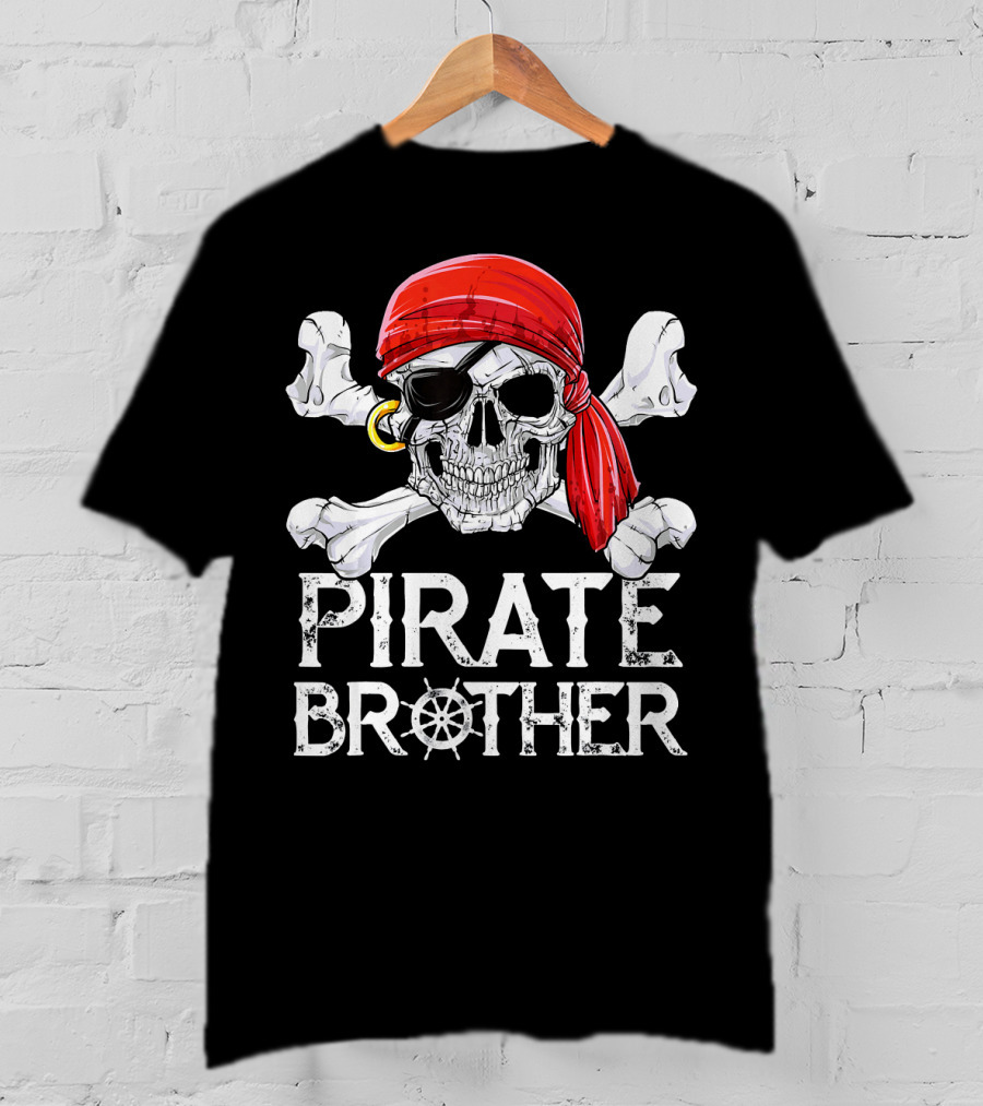 Pirate Brother Skull With Eyepatch And Red Bandana Jolly Roger Flag T-Shirt