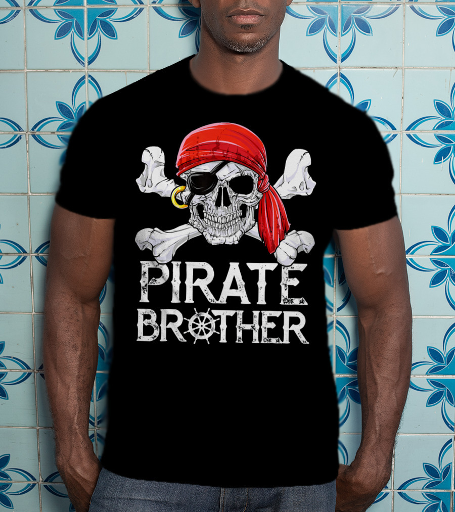 Pirate Brother Skull With Eyepatch And Red Bandana Jolly Roger Flag T-Shirt