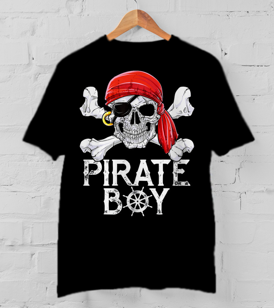 Pirate Boy Jolly Roger Skull With Red Bandana And Crossbones T-Shirt