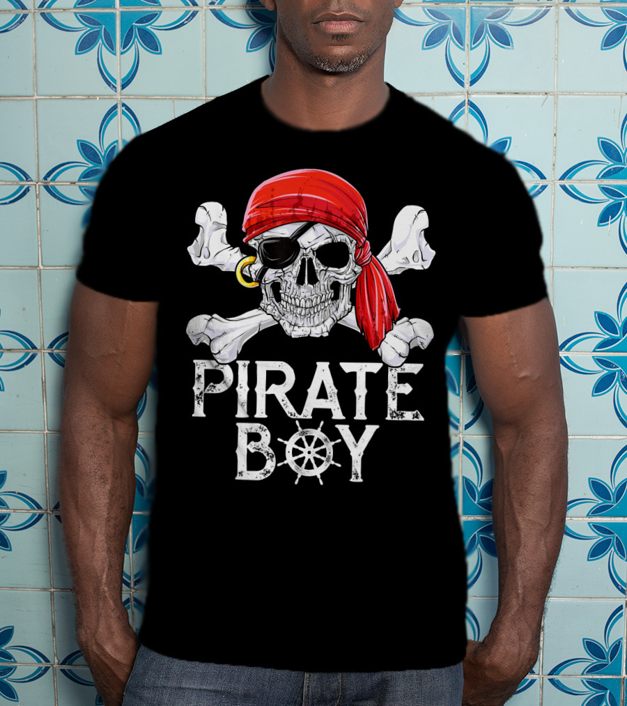 Pirate Boy Jolly Roger Skull With Red Bandana And Crossbones T-Shirt