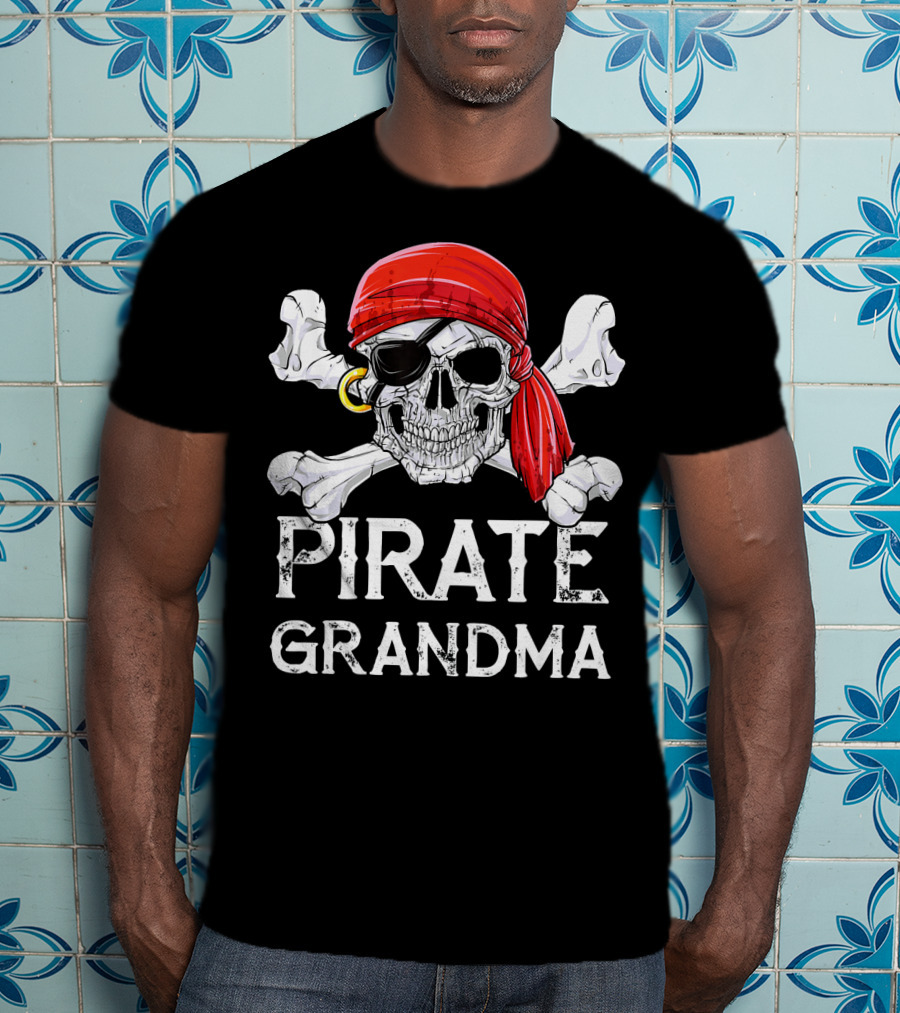 Pirate Grandma Skull With Red Bandana And Crossbones T-Shirt