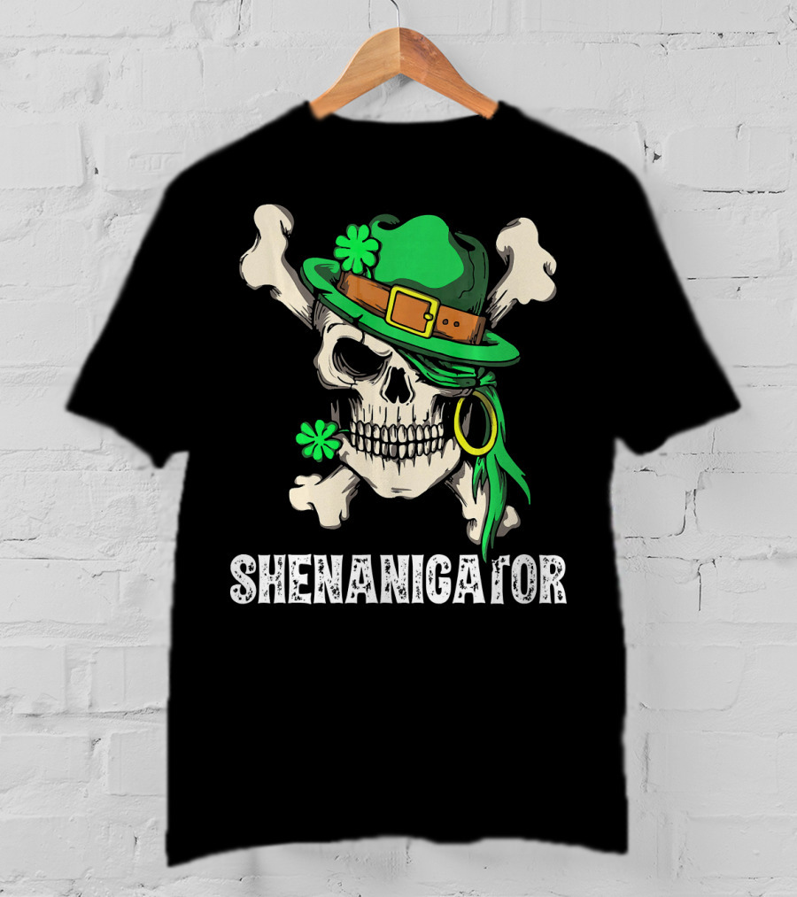 Shenanigator Skull With Irish Hat And Shamrocks For St Patrick's Day T-Shirt