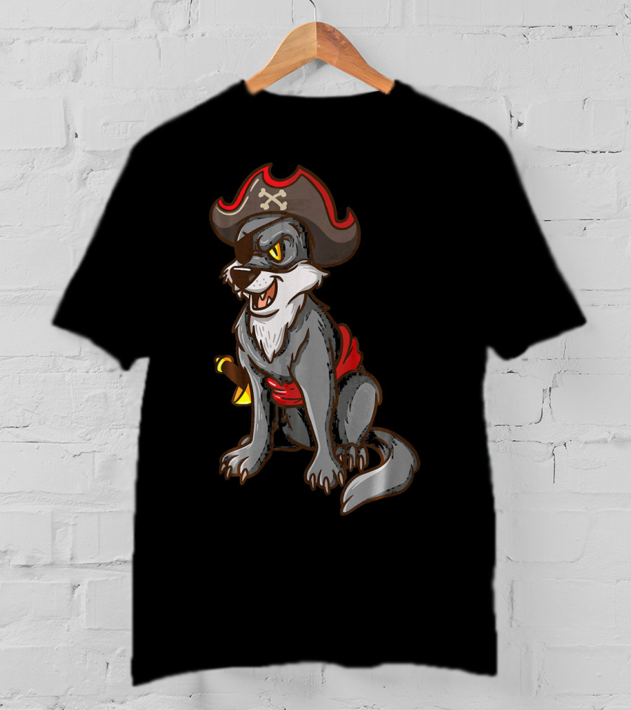Pirate Wolf Halloween Party Costume With Sword And Hat T-Shirt