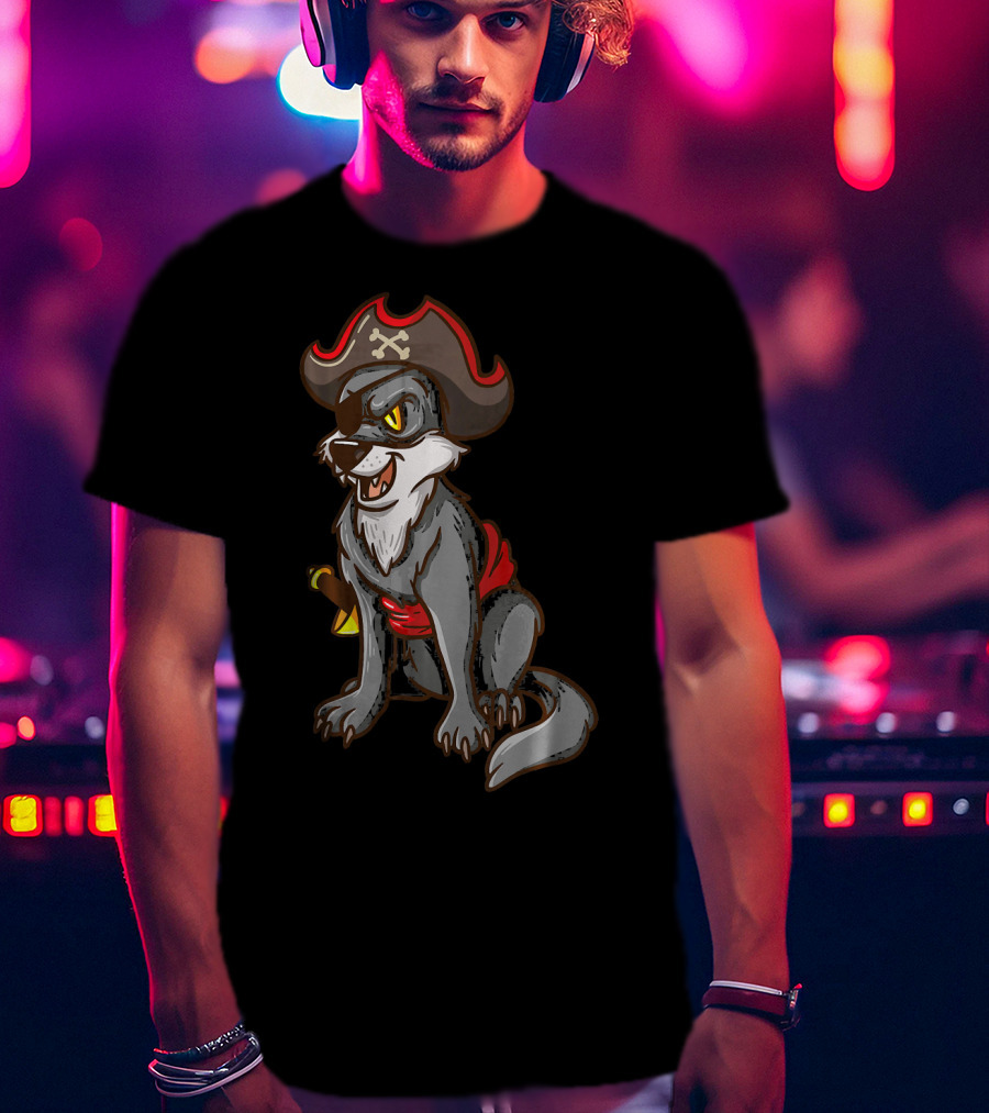 Pirate Wolf Halloween Party Costume With Sword And Hat T-Shirt