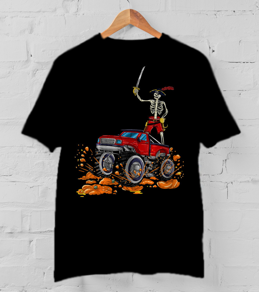 Halloween Skeleton Pirate Riding Monster Truck Over Pumpkins T-Shirt
