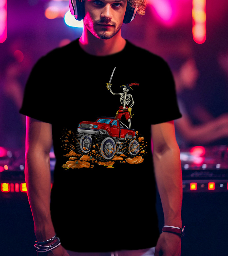 Halloween Skeleton Pirate Riding Monster Truck Over Pumpkins T-Shirt