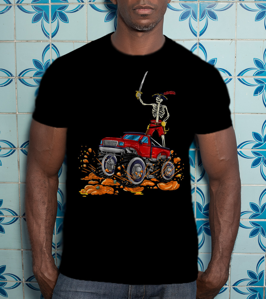 Halloween Skeleton Pirate Riding Monster Truck Over Pumpkins T-Shirt