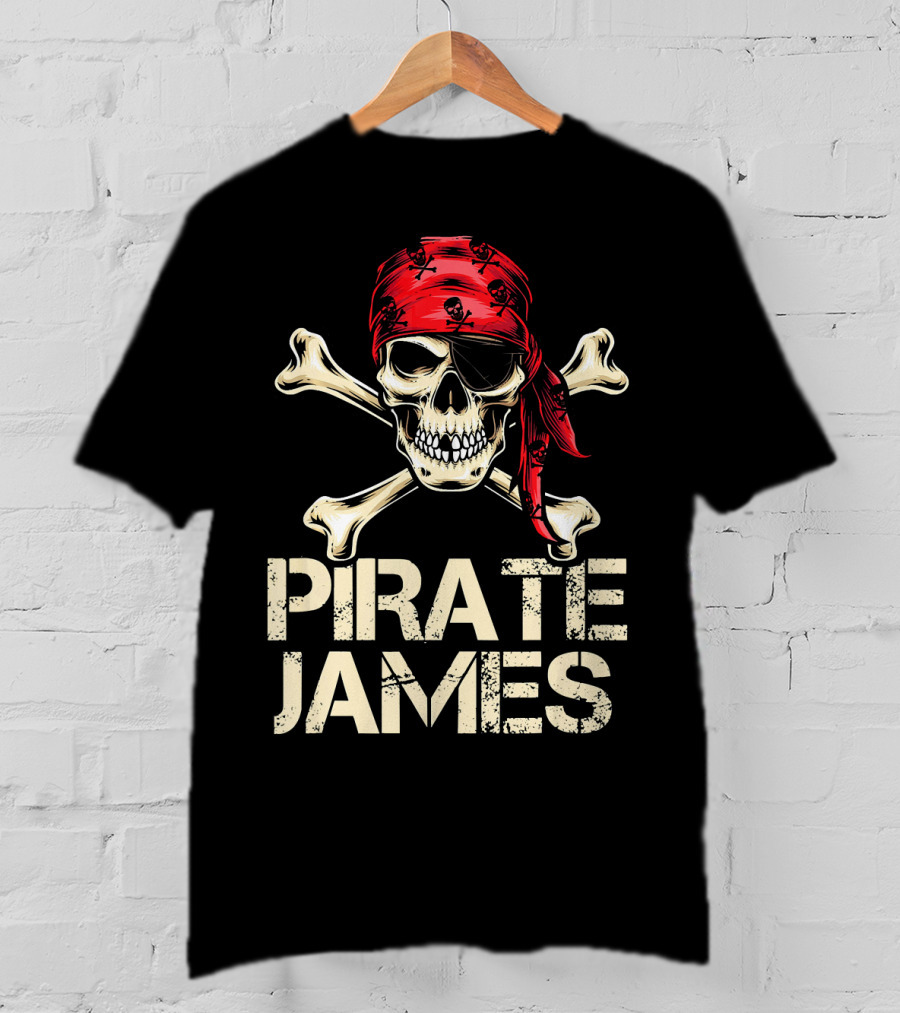 PIRATE JAMES Skull Crossbones Red Bandana Birthday T-Shirt