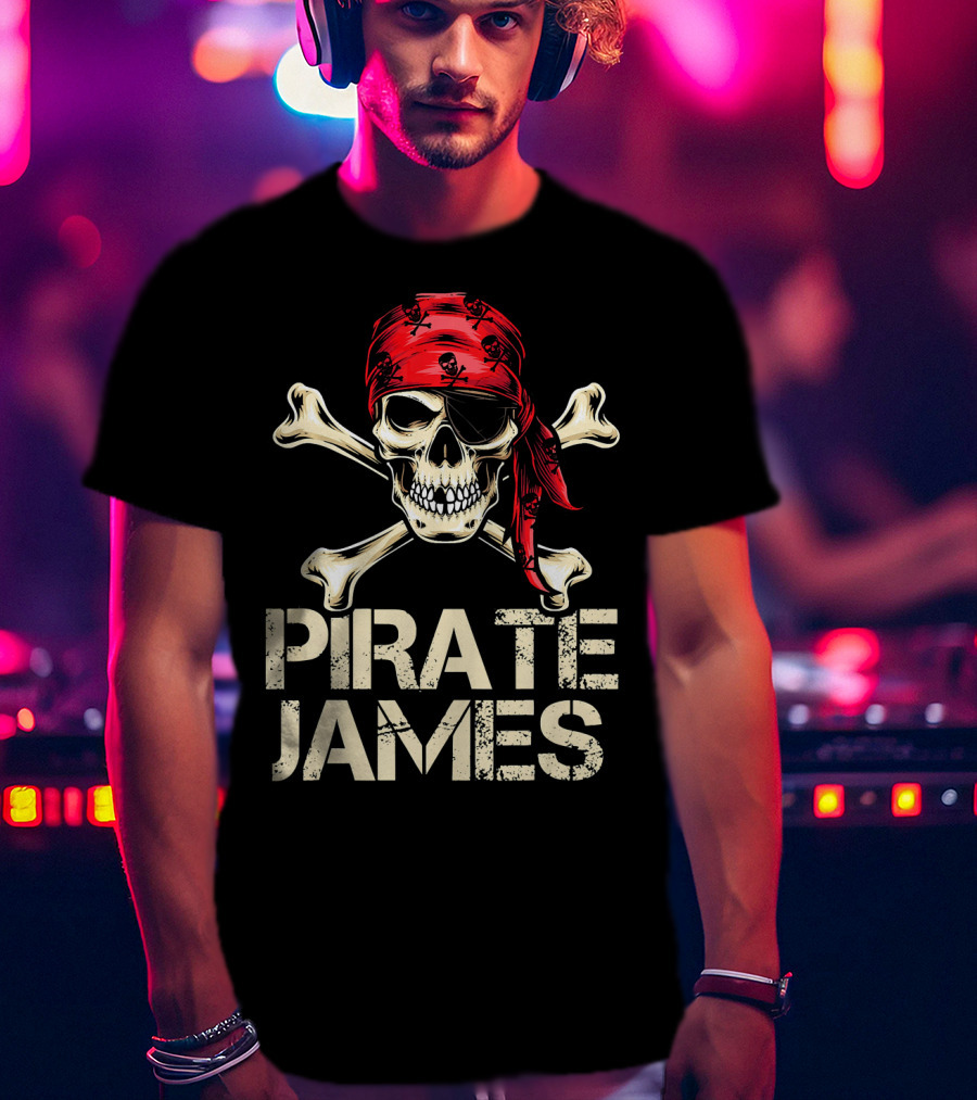 PIRATE JAMES Skull Crossbones Red Bandana Birthday T-Shirt