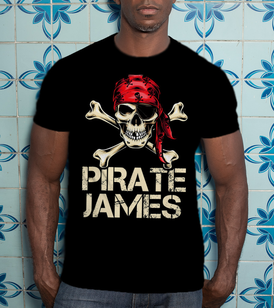 PIRATE JAMES Skull Crossbones Red Bandana Birthday T-Shirt