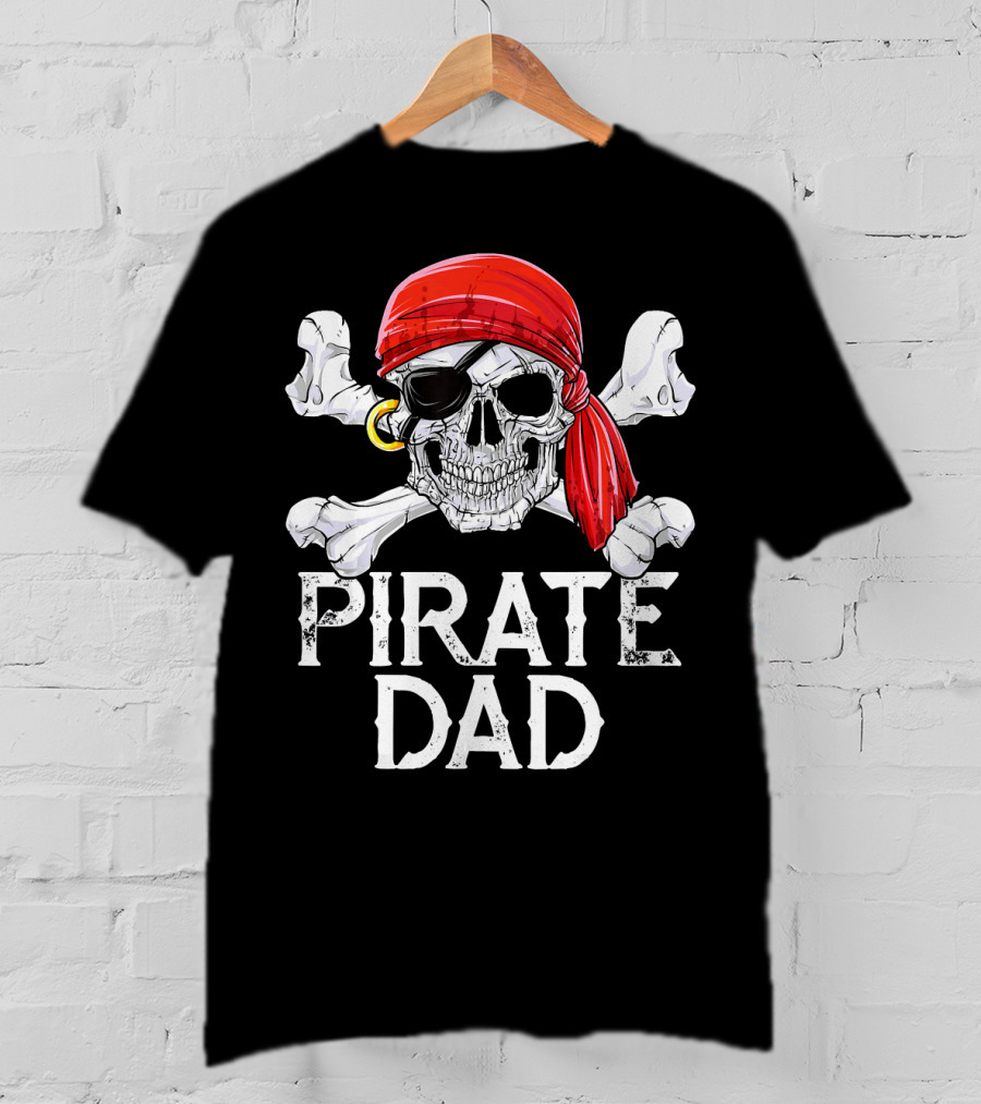 Pirate Dad Jolly Roger Skull With Red Bandana And Crossbones T-Shirt
