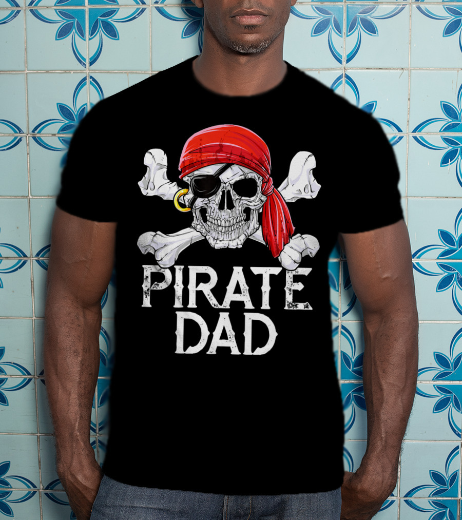 Pirate Dad Jolly Roger Skull With Red Bandana And Crossbones T-Shirt