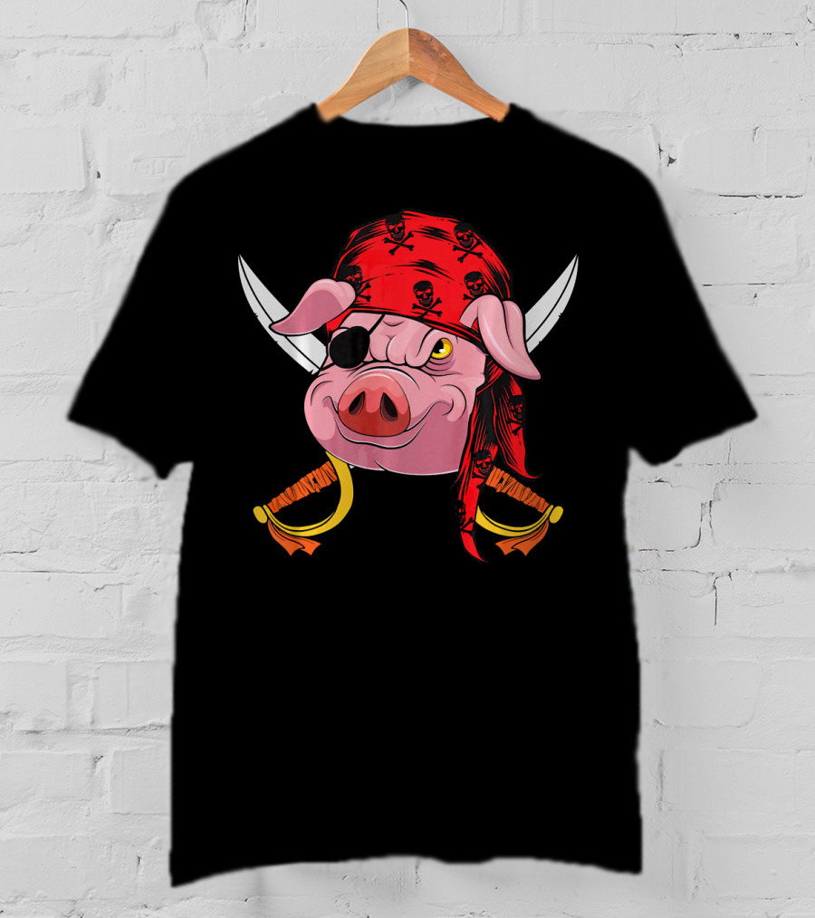 Pirate Pig With Eye Patch And Swords Halloween Costume T-Shirt
