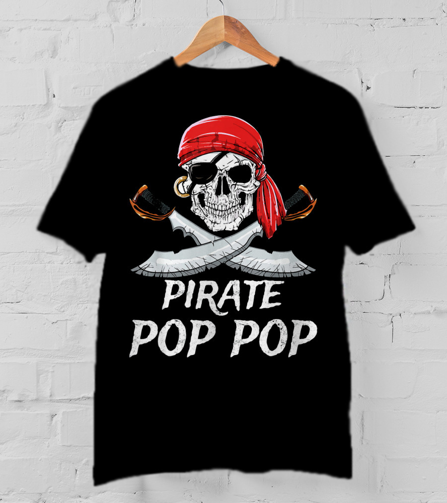 Pirate Pop Pop Skull With Red Bandana And Crossed Swords T-Shirt