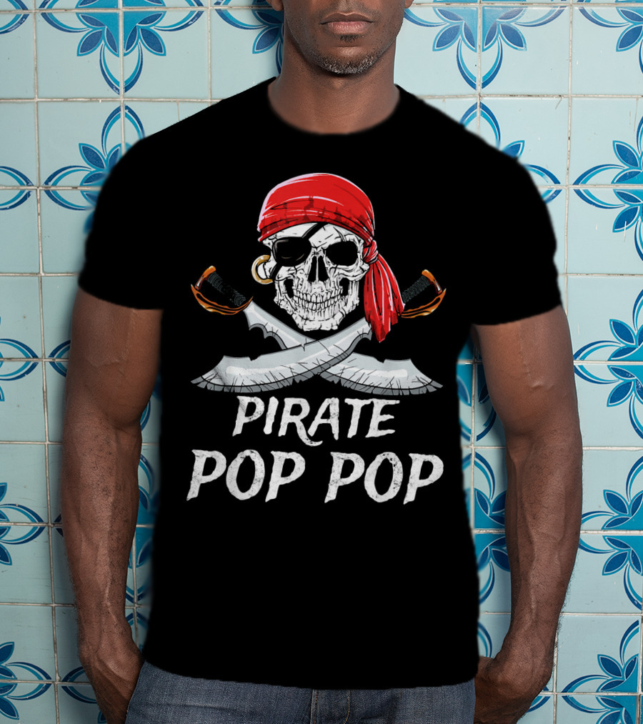 Pirate Pop Pop Skull With Red Bandana And Crossed Swords T-Shirt