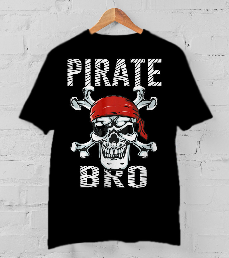 Pirate Bro Skull With Crossbones And Red Bandana T-Shirt