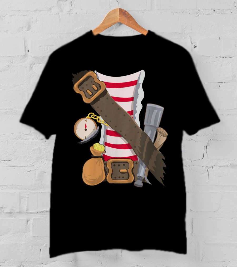 Kids Pirate Buccaneer Striped Shirt With Compass And Treasure Elements T-Shirt