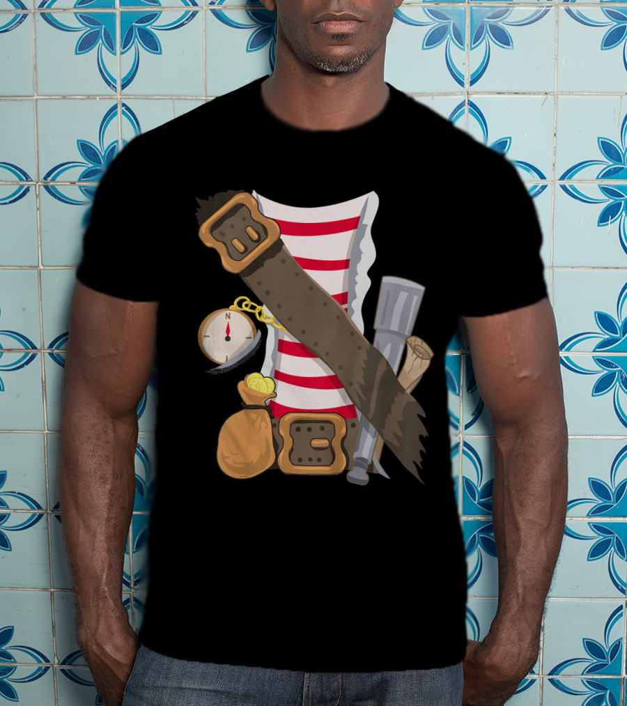 Kids Pirate Buccaneer Striped Shirt With Compass And Treasure Elements T-Shirt